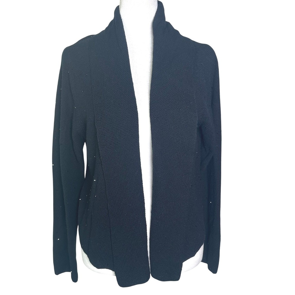 Eileen Fisher Large Petite Black Merino Wool Open Front Cardigan Sweater Sparkle